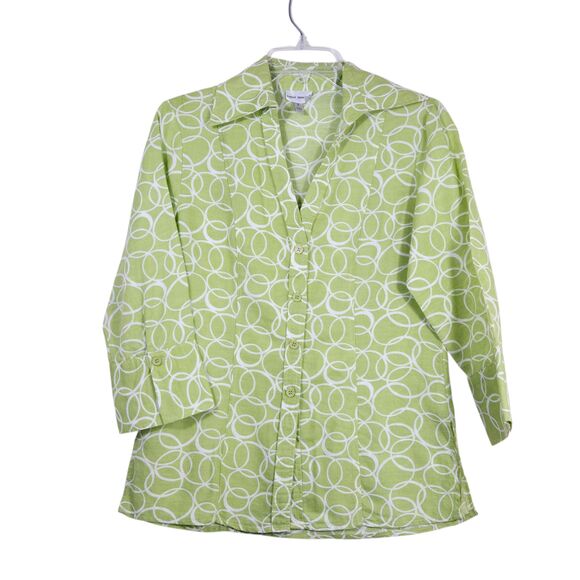 Harve Benard Small Light Green & White Linen Button Up 3/4 Length Sleeve Blouse - Picture 1 of 9